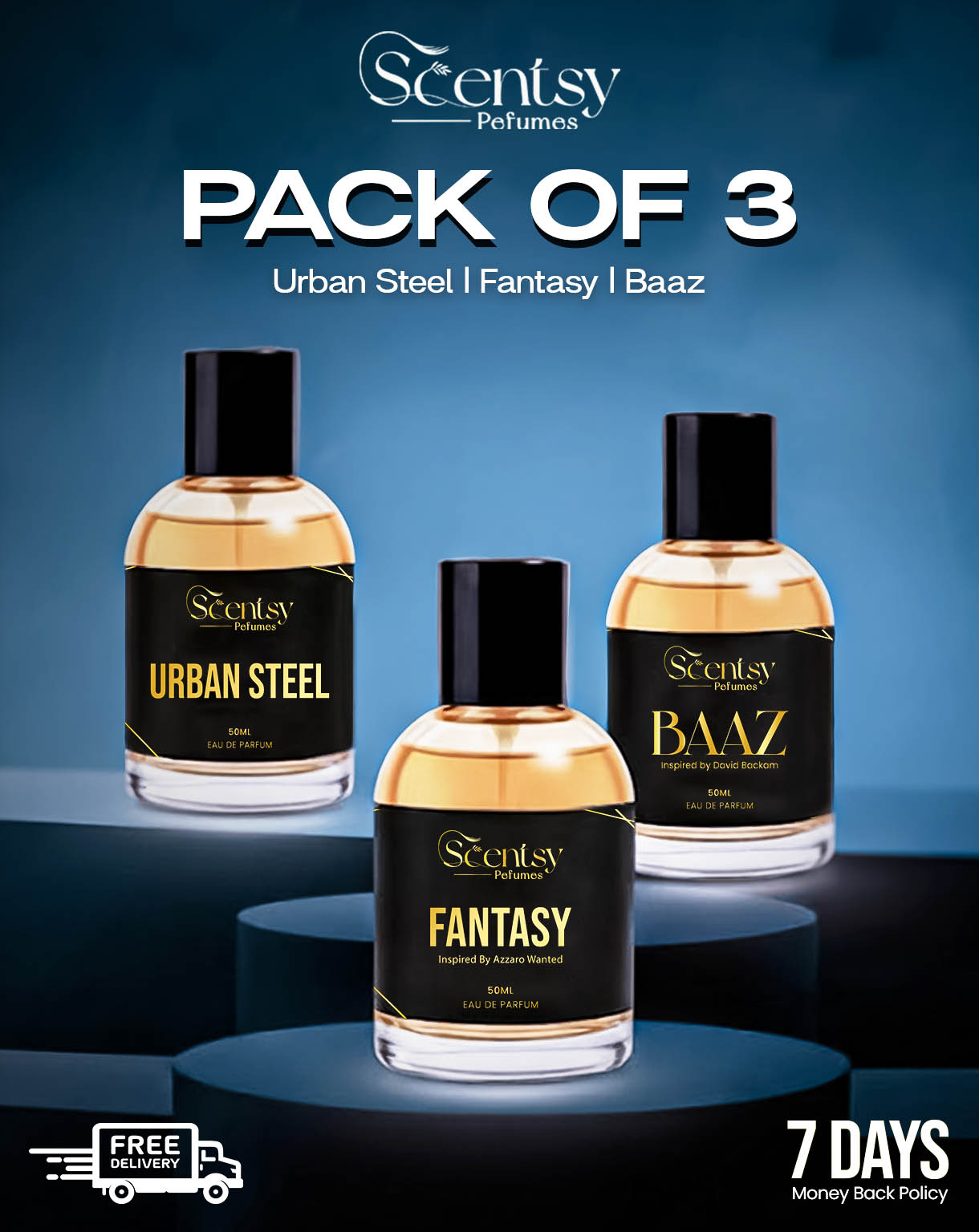 Three Scentsy perfume bottles labeled 'Urban Steel', 'Fantasy', and 'Baaz' on a blue background.