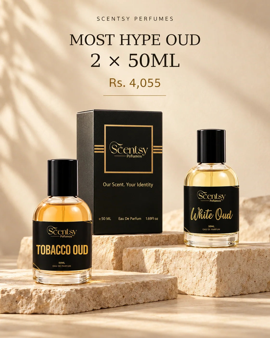 Most Hype Oud Bundle — realistic studio photo of Tobacco Oud and White Oud bottles, 2 x 50ml, Rs. 4,055