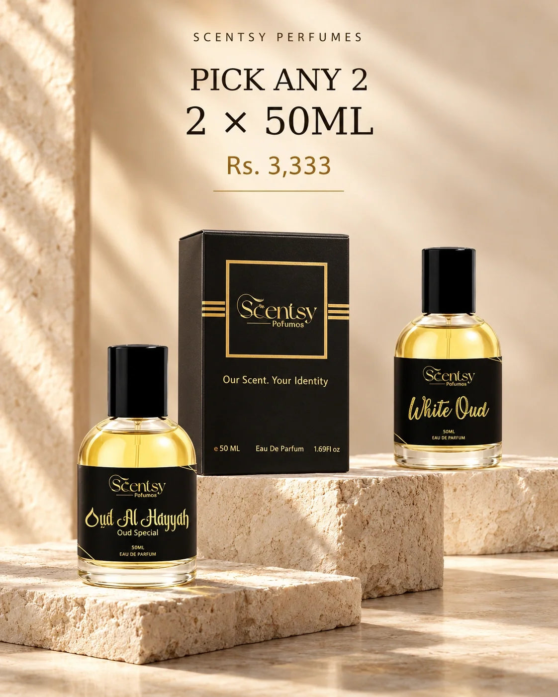 Pick Any 2 Perfumes — realistic studio photo of Scentsy Oud Al Hayyah and White Oud bottles, 2 x 50ml, Rs. 3,333