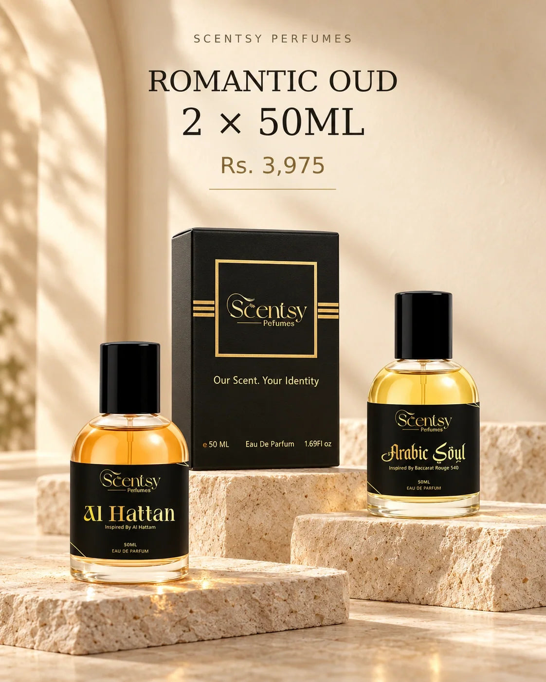 Romantic Oud Bundle — realistic studio photo of Al Hattan and Arabic Soul bottles, 2 x 50ml, Rs. 3,975